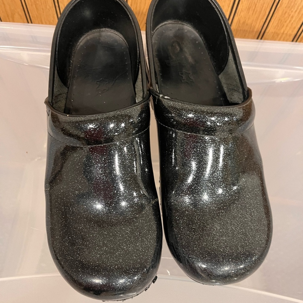 Dansko Black Glitter Clogs